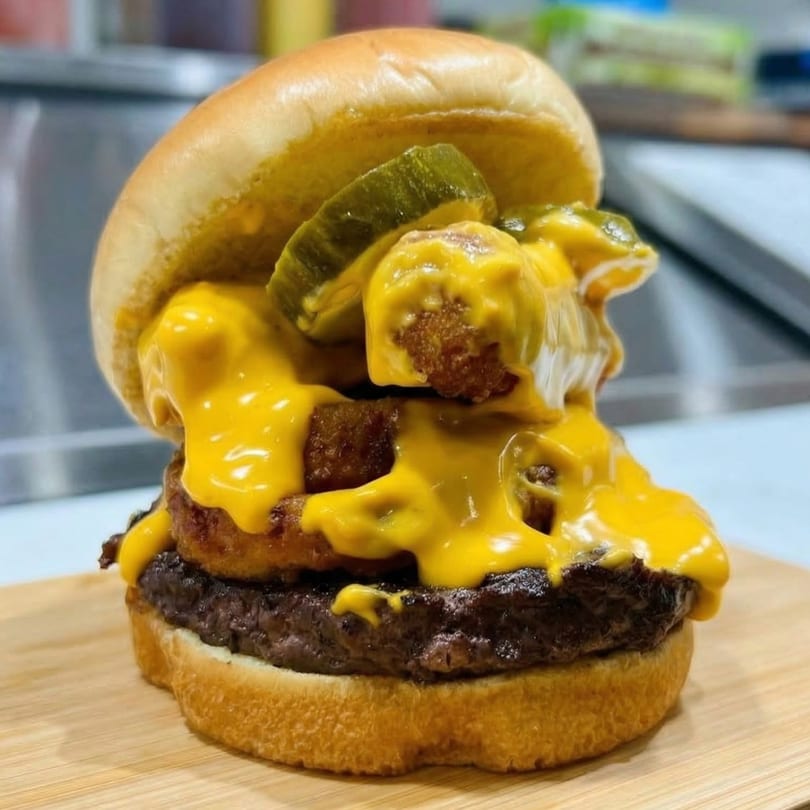 A Checkmate Burgers' cheeseburger with jalapeños, onion rings, and cheese sauce on a wooden board.