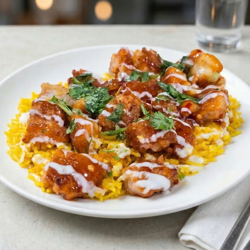 Checkmate Burgers' fried chicken bites with sauce, cilantro, and yellow rice on a white plate.