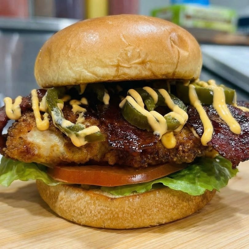 Checkmate Burgers' fried chicken sandwich with bacon, jalapeños, and sauce on a bun.