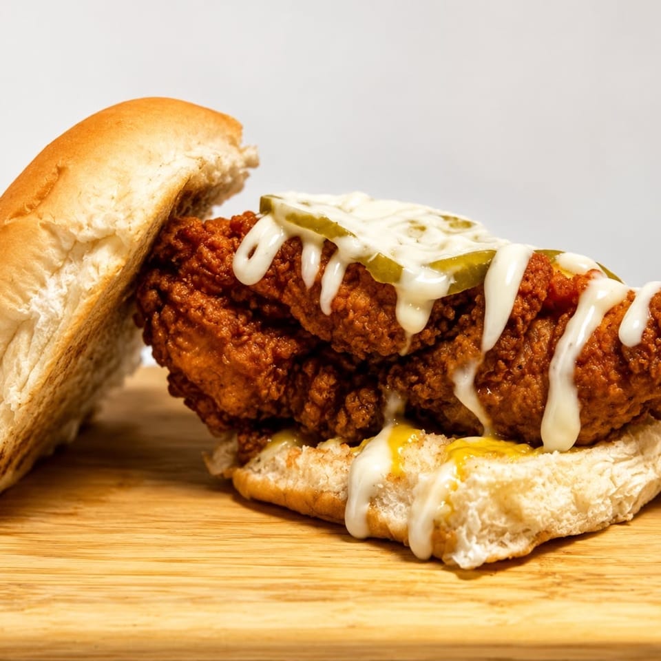 Crispy fried chicken sandwich with pickles and white sauce on a bun, on a wooden board.