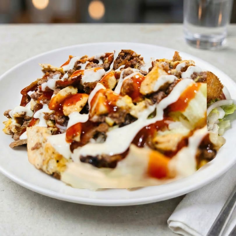 A close-up of a Checkmate Burgers dish with meat, cheese, and sauces on a white plate.