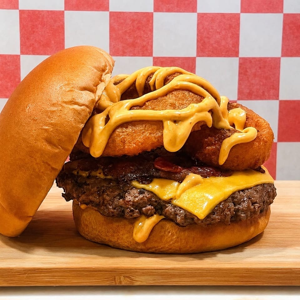 A double cheeseburger with bacon, onion rings, and a creamy orange sauce on a wooden board.