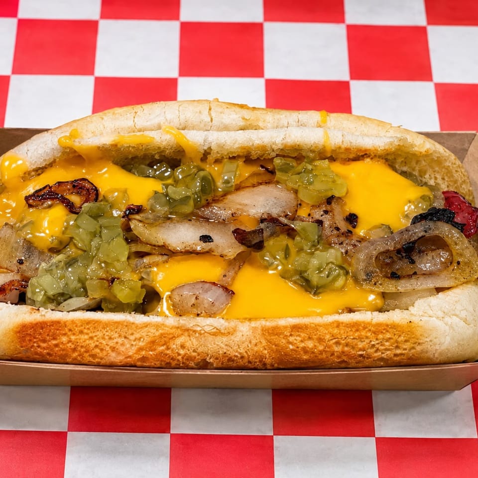 Cheesesteak sandwich with melted cheese, grilled onions, and relish on a red and white checkered background.