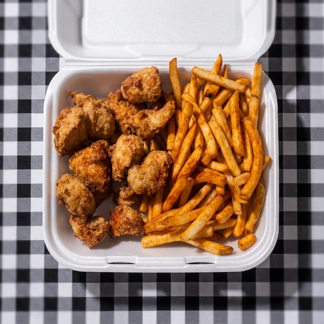 Crispy Chicken Bites with Fries.